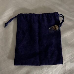 Tory Burch Navy Drawstring Suede Pouch with Gold Logo Charm